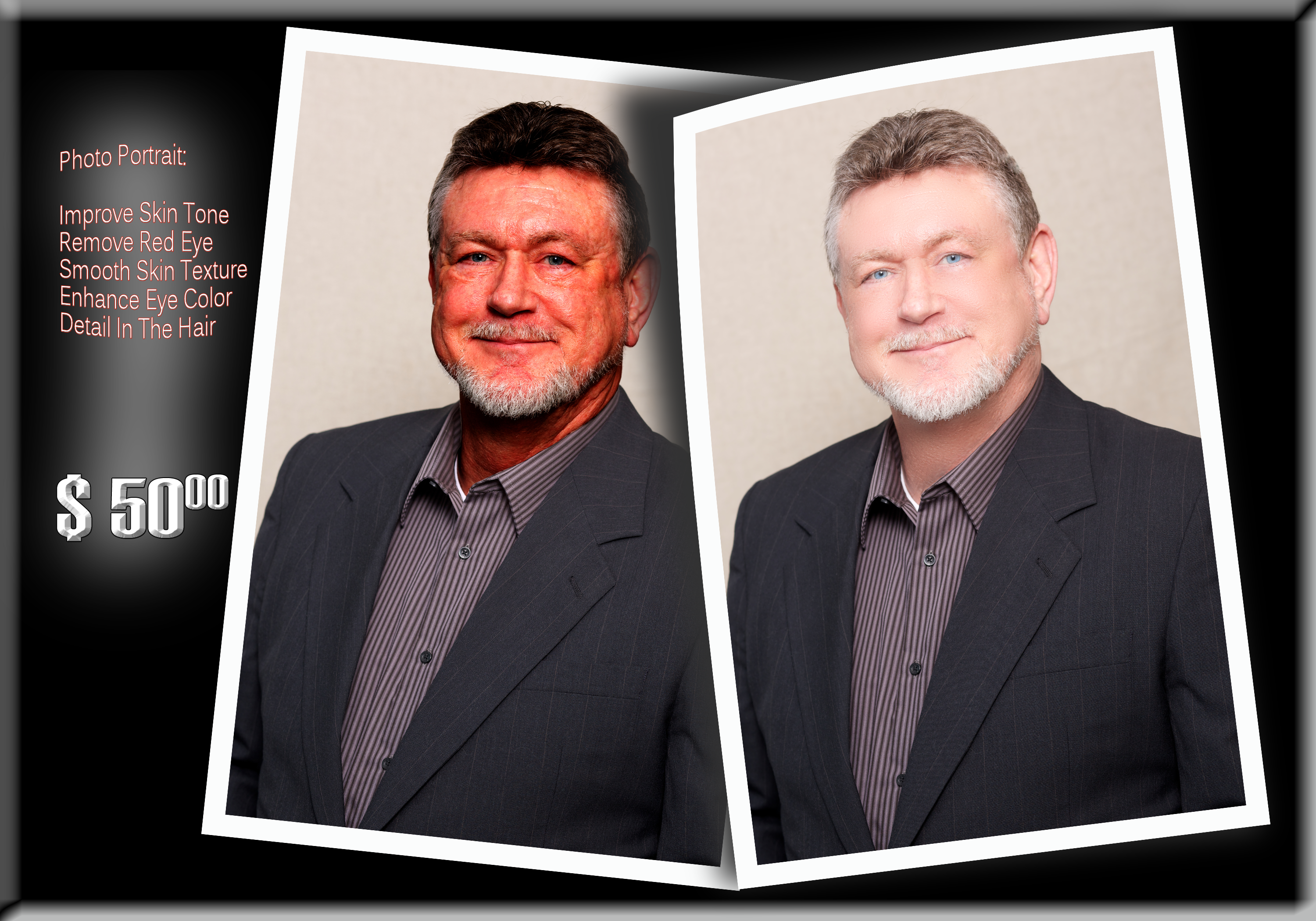 Portrait refreshed and corrected. Skin imperfections tamped down, but not completely removed.